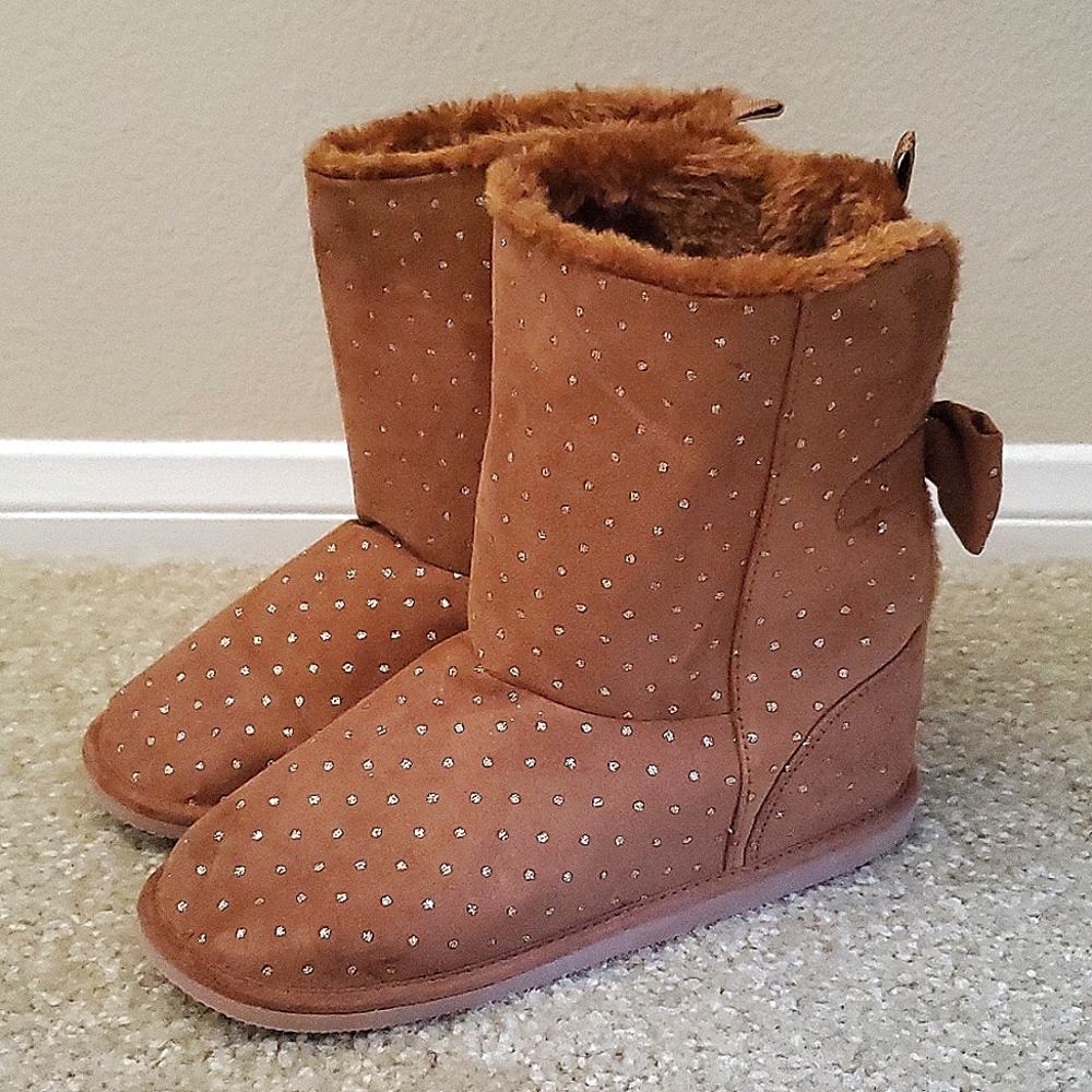 Crazy 8 Girls Golden Brown Faux Fur Lined Faux Suede Boots Glitter Dots Size 2
